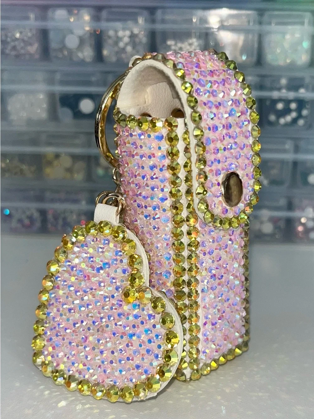 Hand Crafted Gilded Rose Crystal Rhinestone Lipstick Case and Mirror Keychain